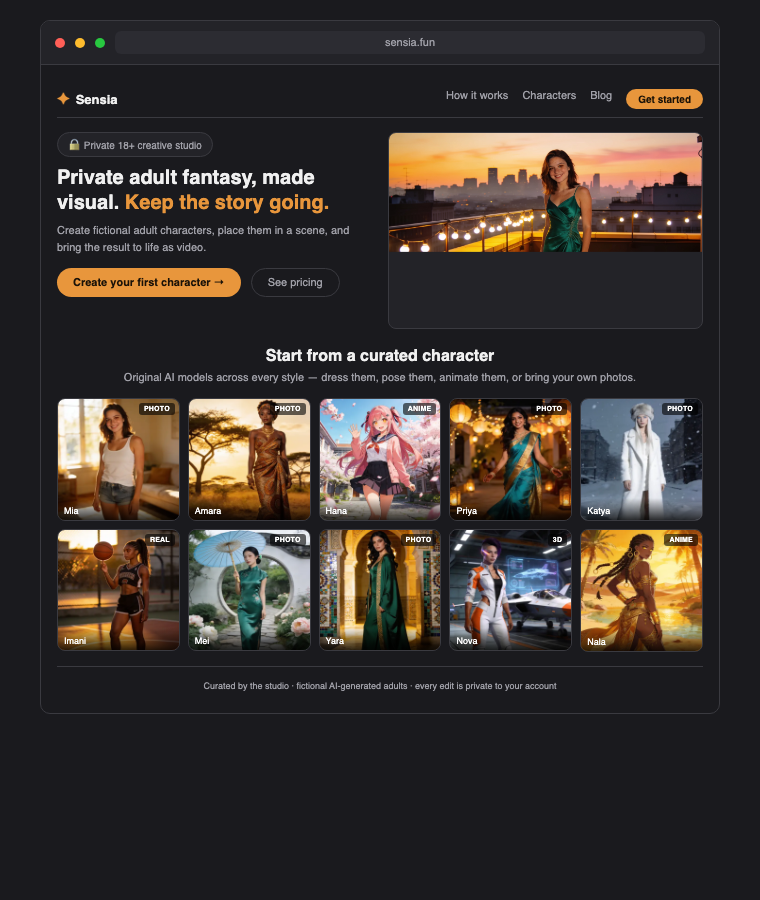 The Sensia landing page and character gallery — no public feed, no discovery, no sharing. Every character is private to your account.
