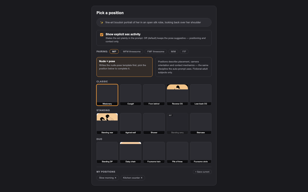 The position picker: pairing chips, explicit toggle, and visual thumbnails for all 30 positions. My positions stores your own geometry as reusable chips.