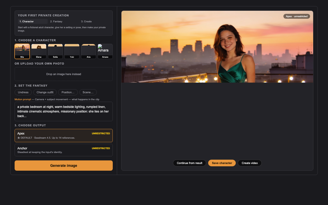 The Sensia workspace: pick a character, set the fantasy, choose a model, generate — the three-step flow in one screen.